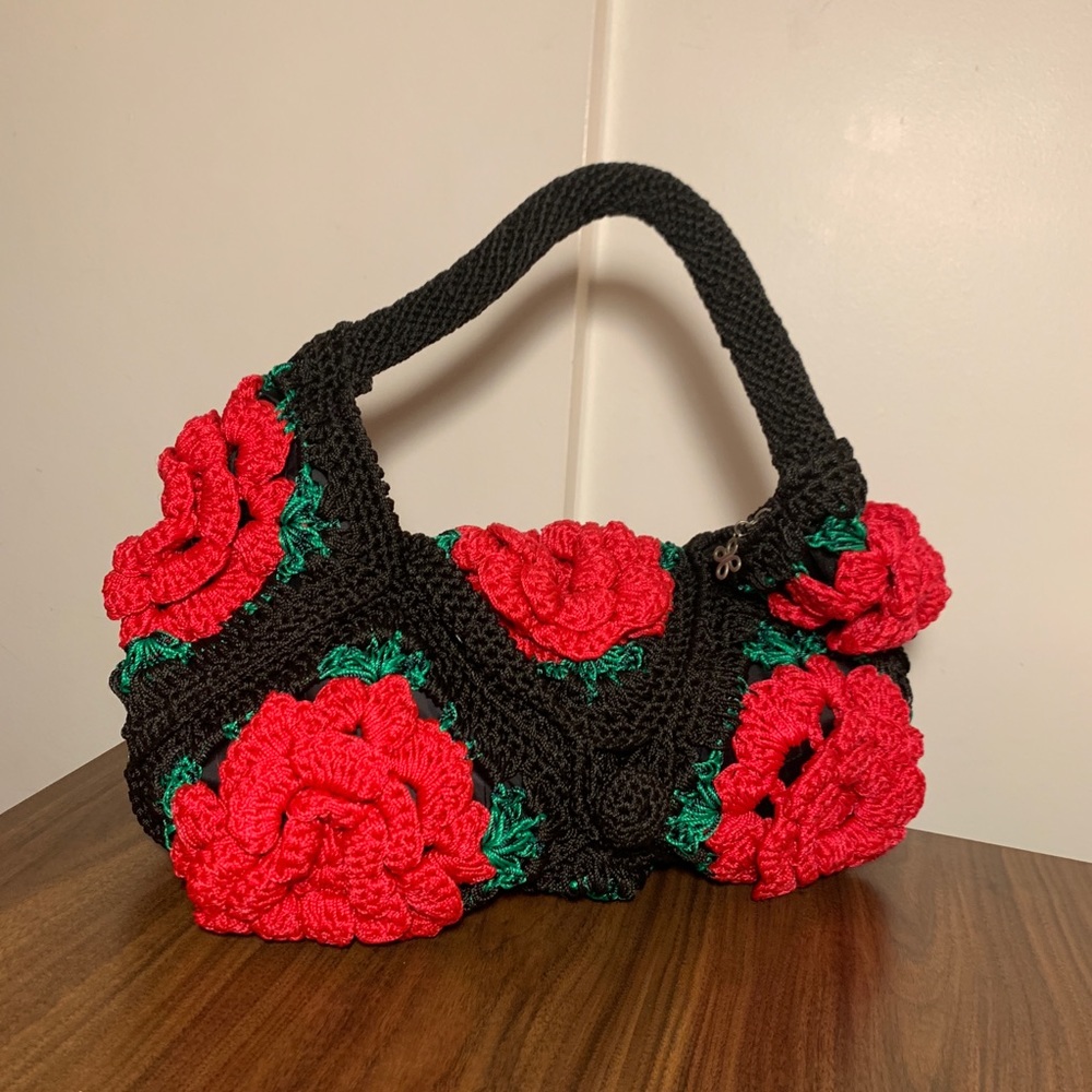 Handmade black and red 3-D floral crochet purse